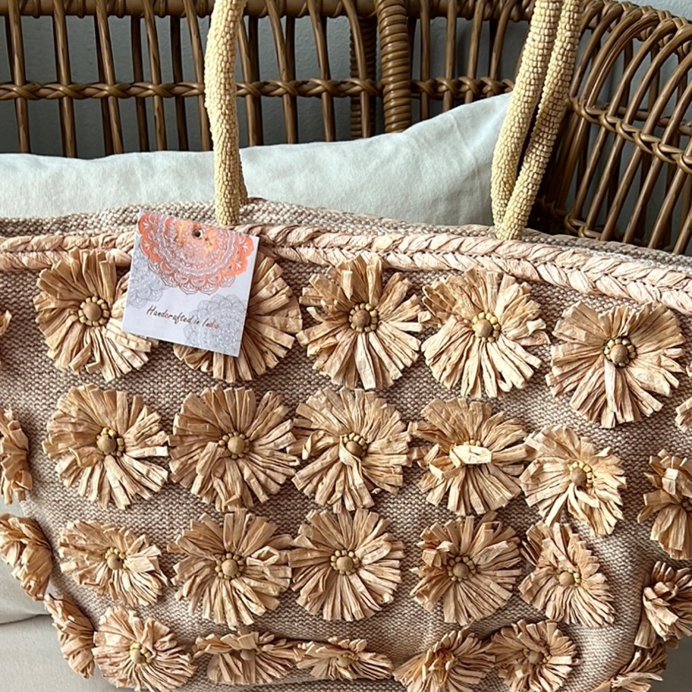 Elegant Tan Floral Tote Bag with Textured Design
